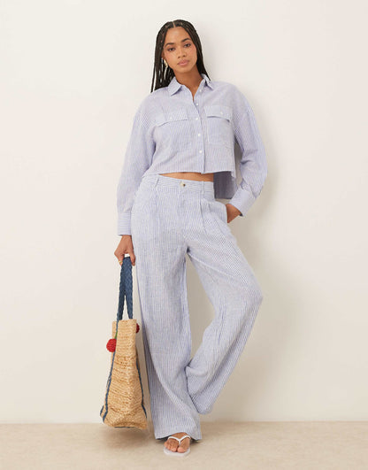 Cropped Stripe Linen Mix Shirt Co-Ord