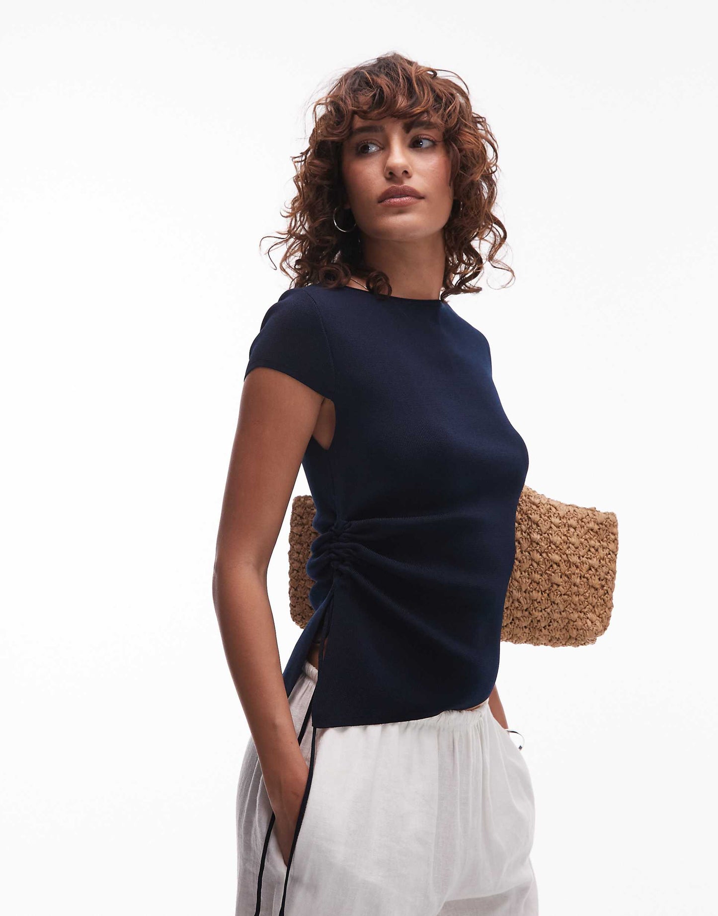 Tie Side Ruched Knitted T-Shirt