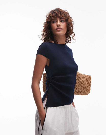 Tie Side Ruched Knitted T-Shirt
