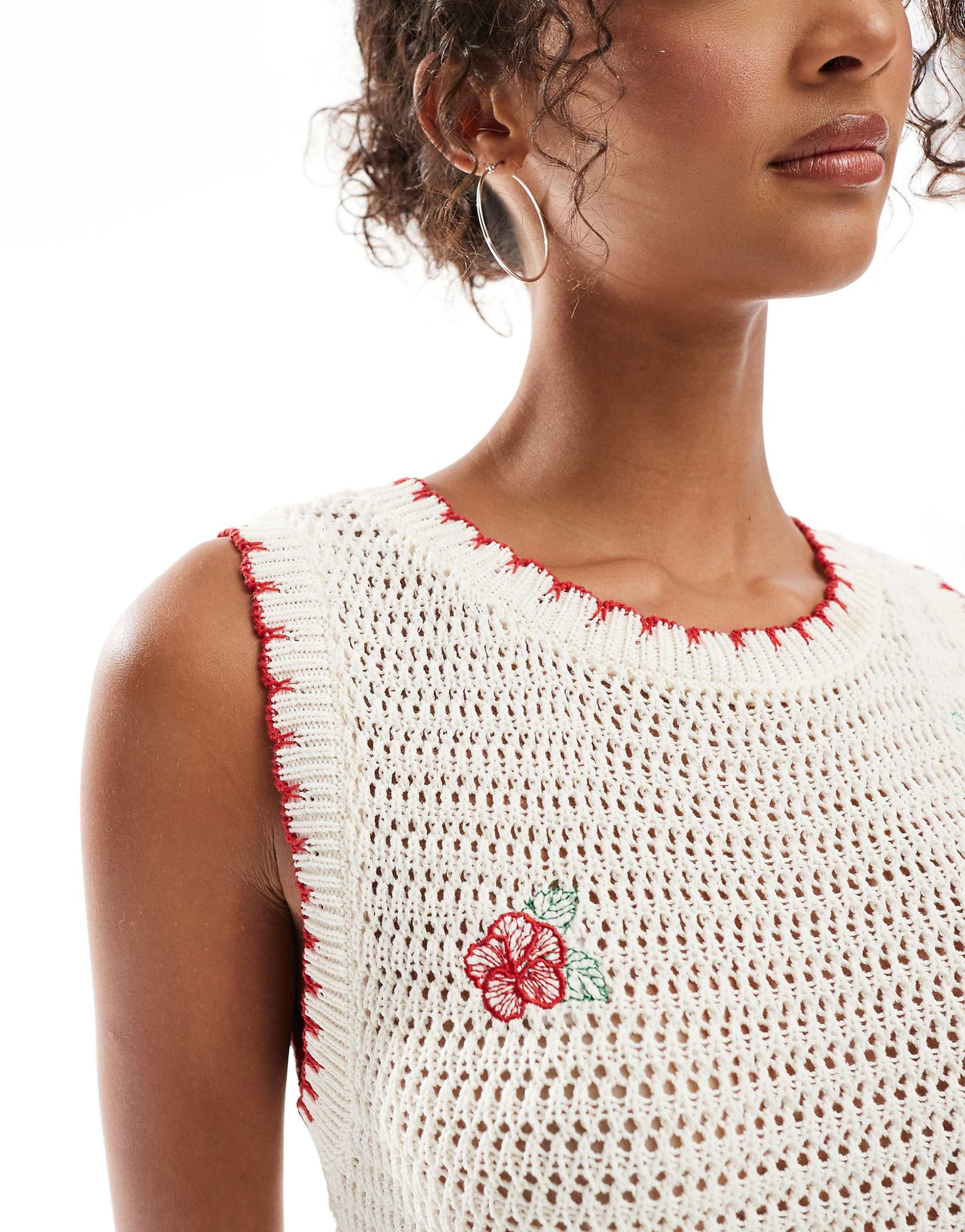 Knitted Crochet Mini Dress With Flower Embroidery
