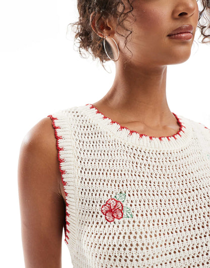 Knitted Crochet Mini Dress With Flower Embroidery