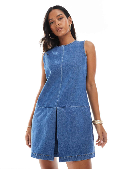 Denim Shift Dress With Dropped Waist Pleat