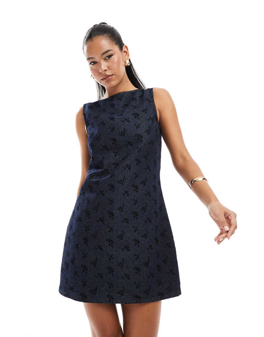 Denim Shift Dress With Ditsy Floral Flock