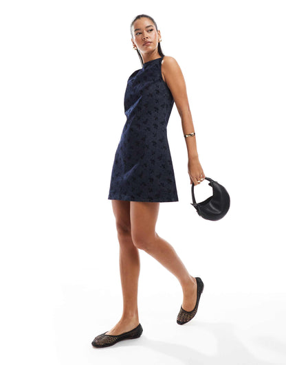 Denim Shift Dress With Ditsy Floral Flock