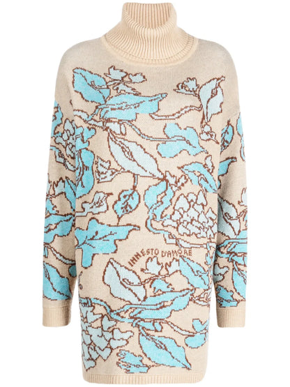 Floral-Jacquard Roll-Neck Jumper
