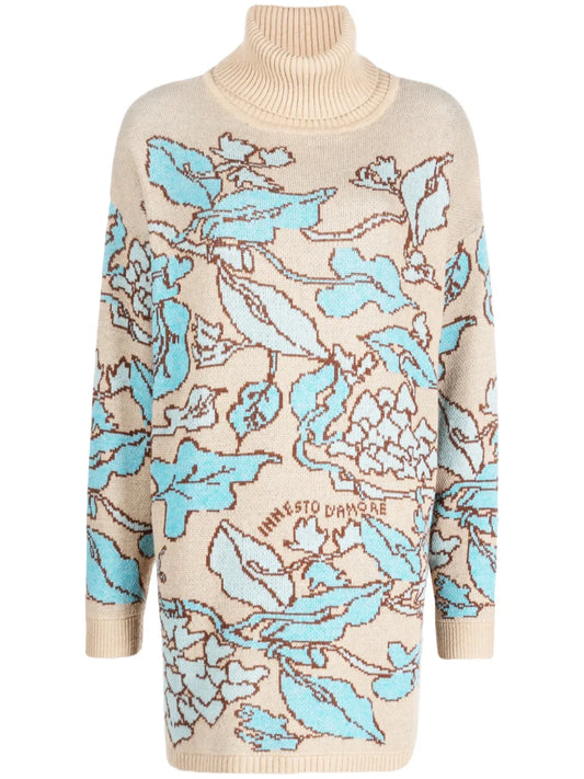 Floral-Jacquard Roll-Neck Jumper