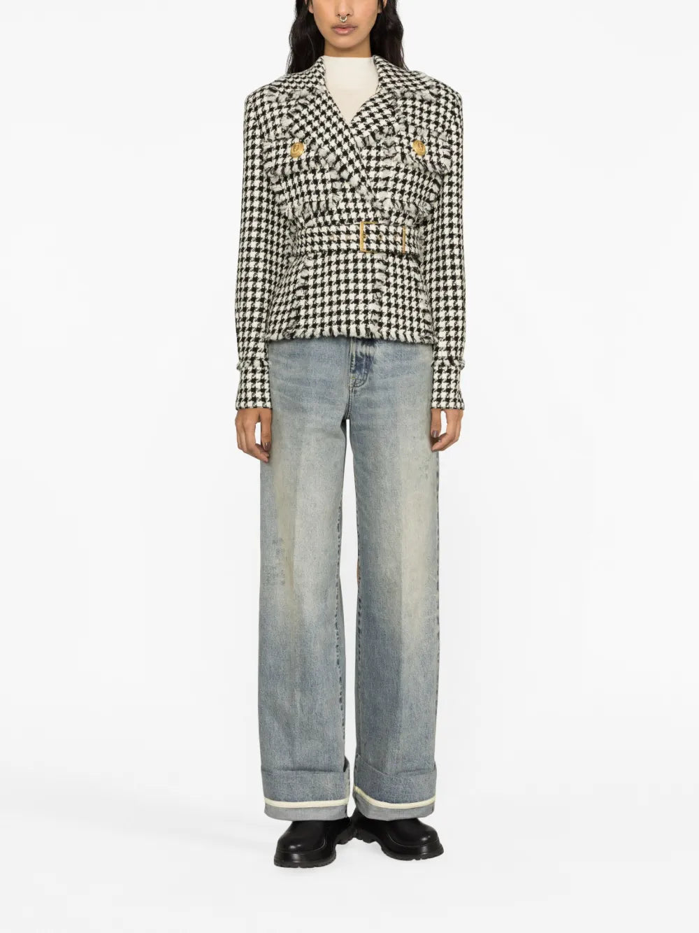 Houndstooth Tweed Belted Jacket