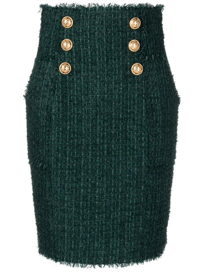 Button-Detail Tweed Pencil Skirt
