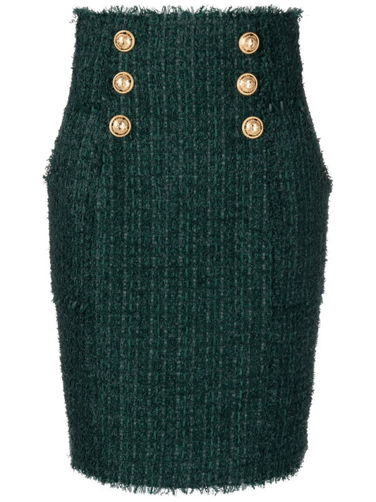 Button-Detail Tweed Pencil Skirt