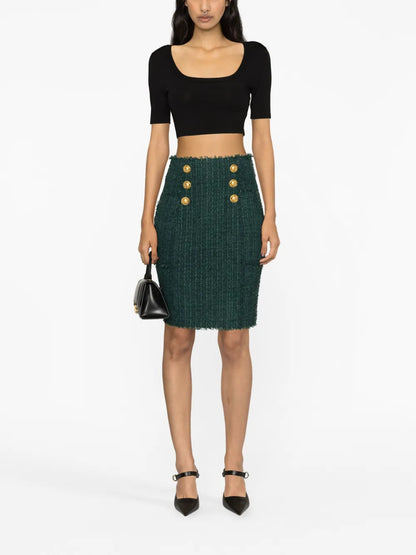 Button-Detail Tweed Pencil Skirt