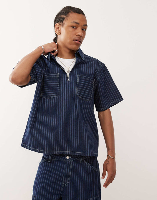 Denim Pinstripe Boxy Shirt Co-Ord With Zip Detail