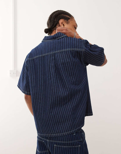 Denim Pinstripe Boxy Shirt Co-Ord With Zip Detail