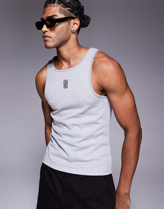 Muscle Fit High Scoop Vest Heavyweight 300Gsm Grey Marl With Chest Logo Embroidery