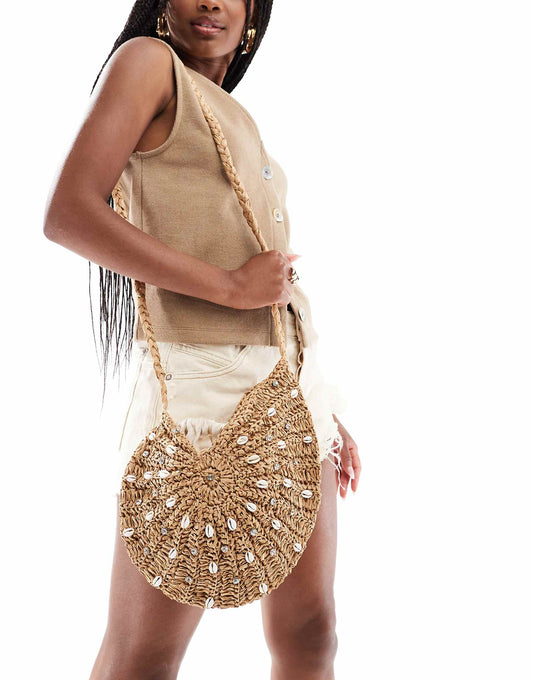 Faux Shell Detail Raffia Bag