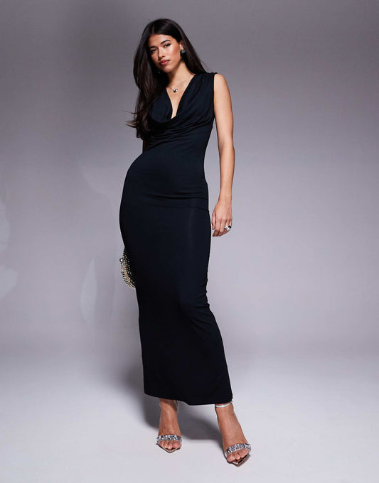 Sleeveless Cowl Neck Super Plunge Maxi Dress
