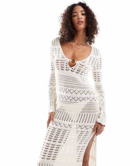 Knitted Crochet  O Ring Long Sleeve Maxi Dress
