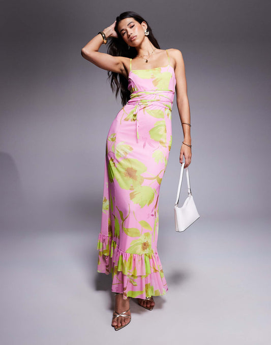 Cami Strap With Lace Up Back With Frill Detail Maxi Dress