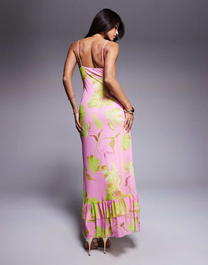 Cami Strap With Lace Up Back With Frill Detail Maxi Dress