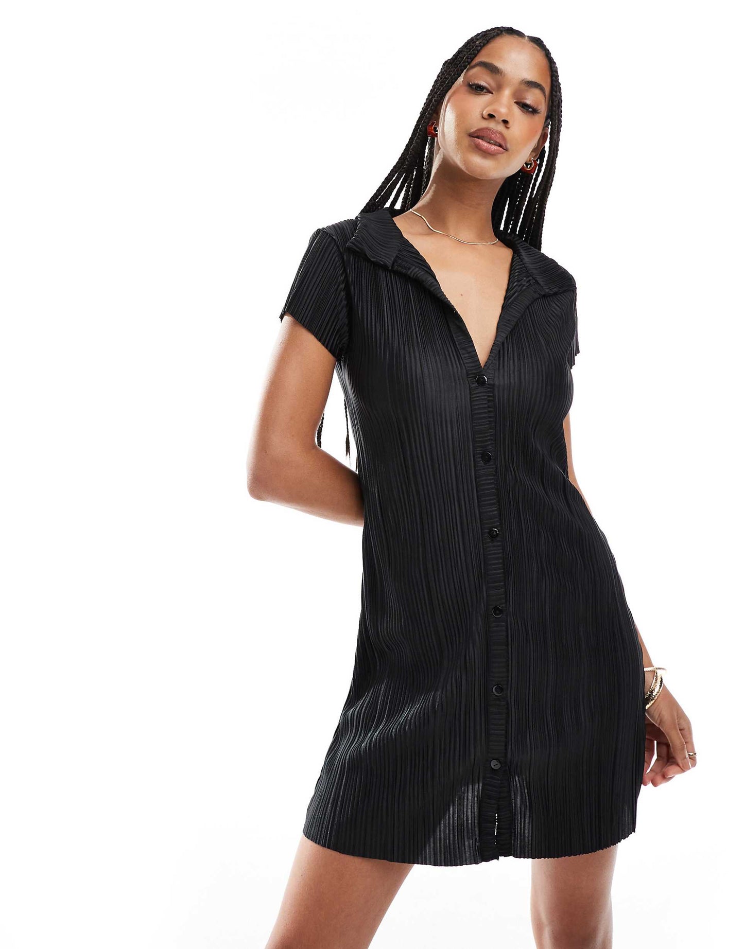 Plisse Short Sleeve Button Down Mini Dress