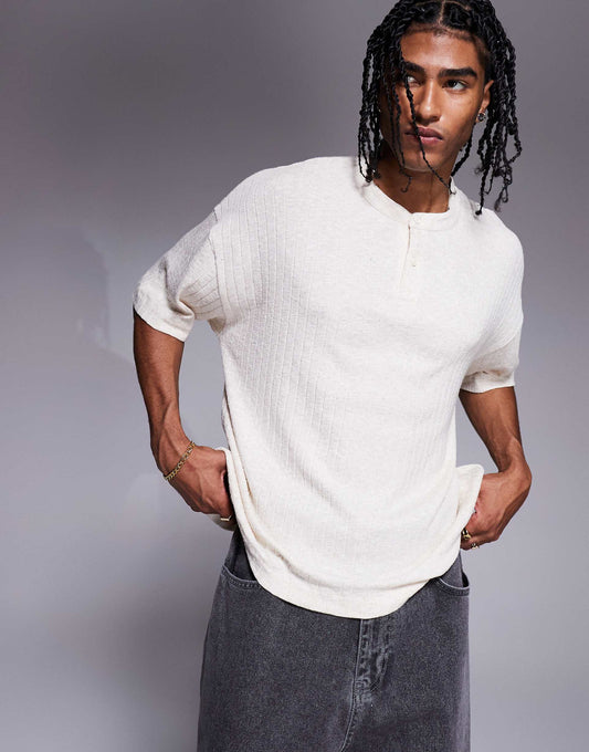 Oversized Boxy Henley Linen Look T-Shirt