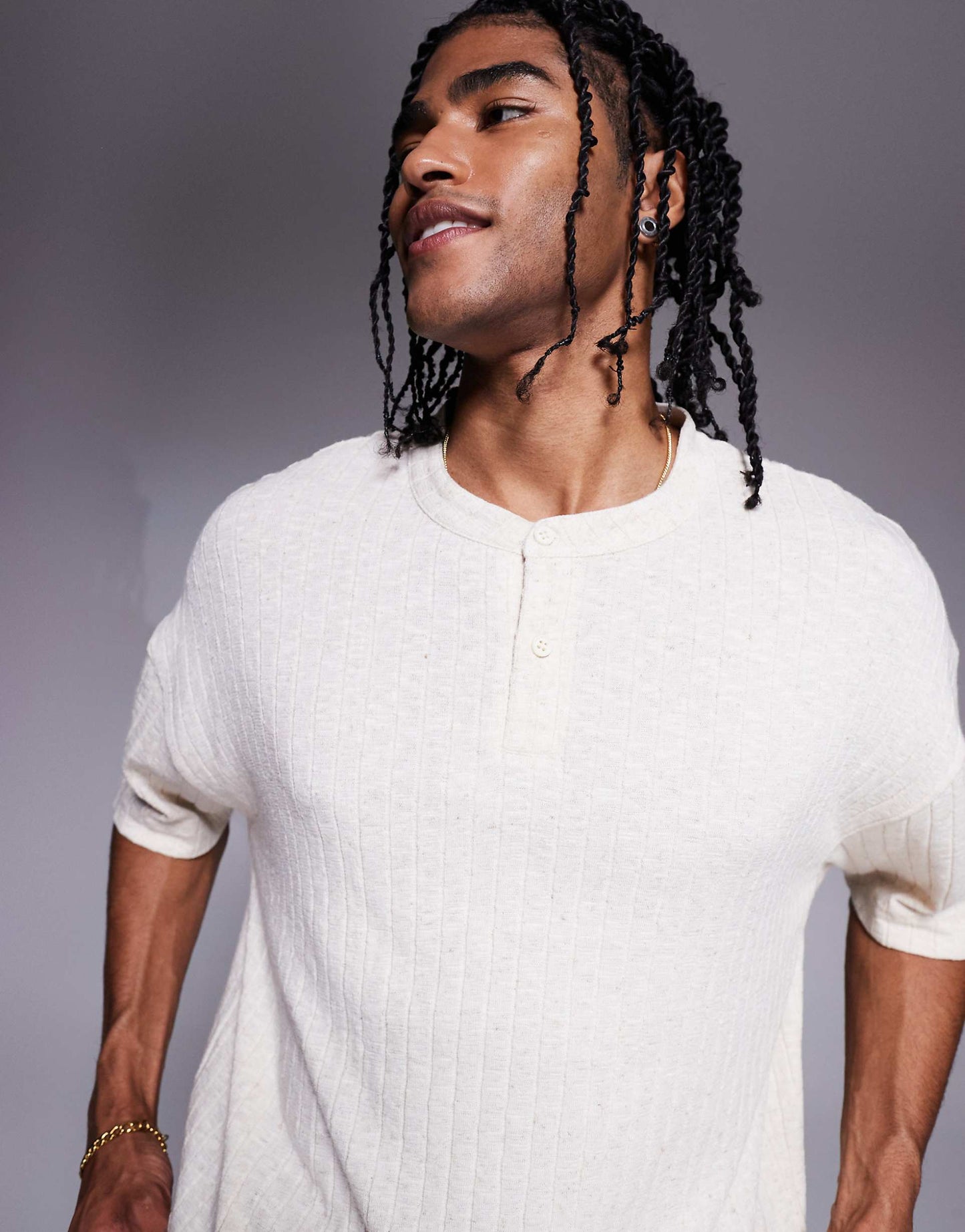 Oversized Boxy Henley Linen Look T-Shirt