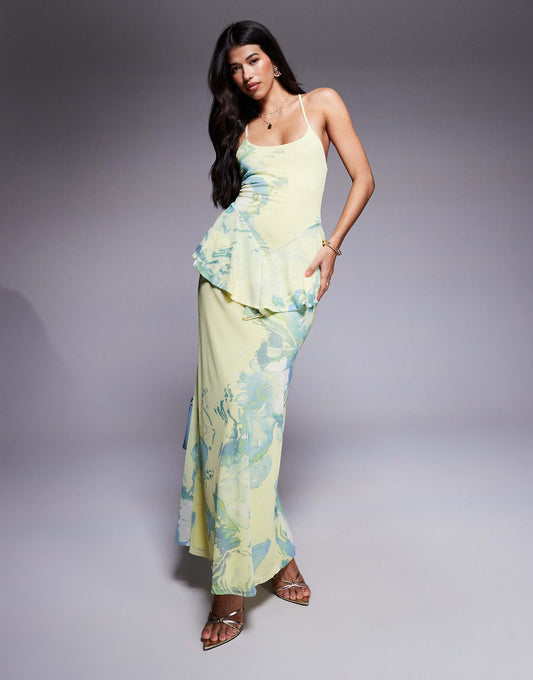 Cami With Peplum Detail Mesh Maxi Dress