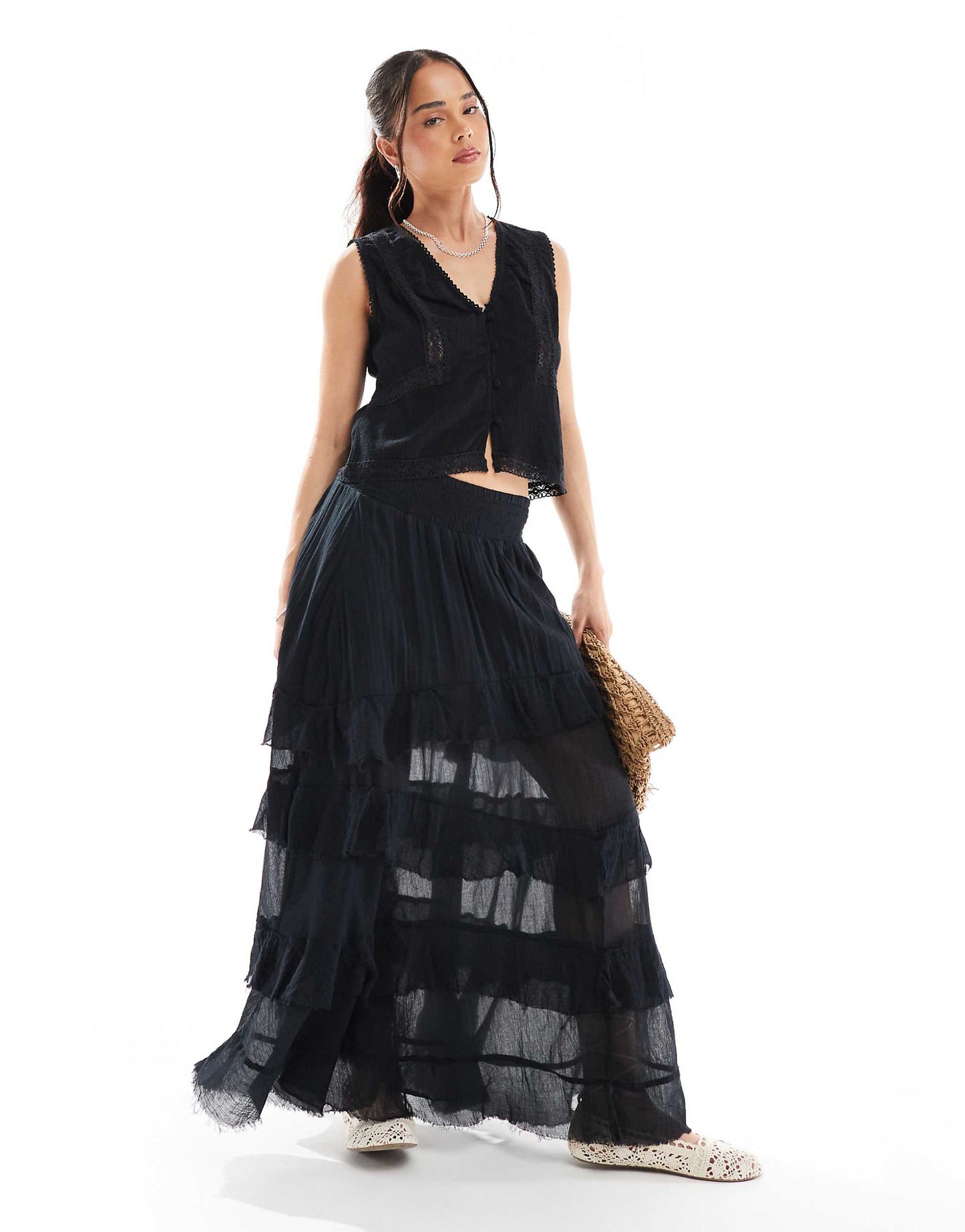 Shirred Frill Detail Maxi Skirt