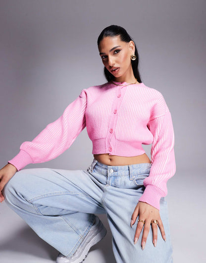 Knitted Plated Cardigan With Rib Hem Detail