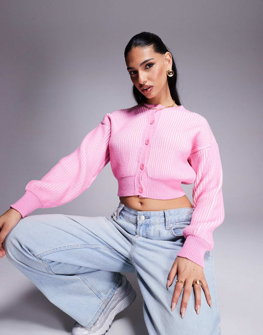 Knitted Plated Cardigan With Rib Hem Detail