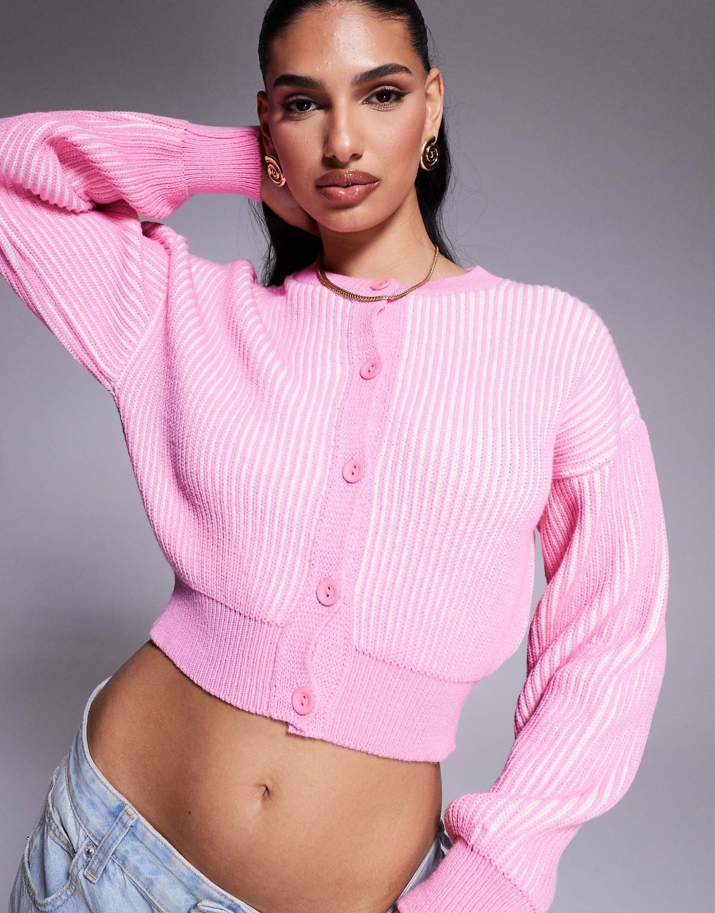 Knitted Plated Cardigan With Rib Hem Detail