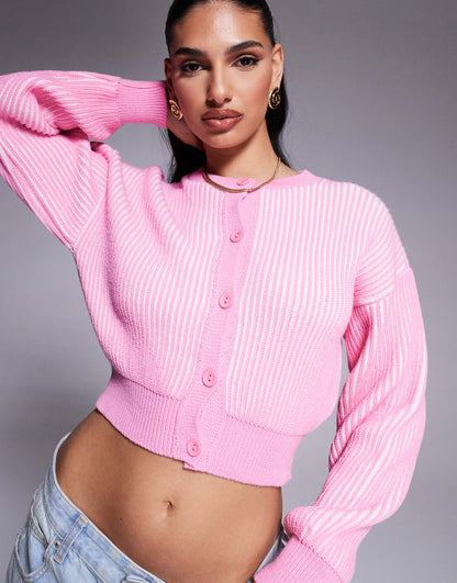 Knitted Plated Cardigan With Rib Hem Detail