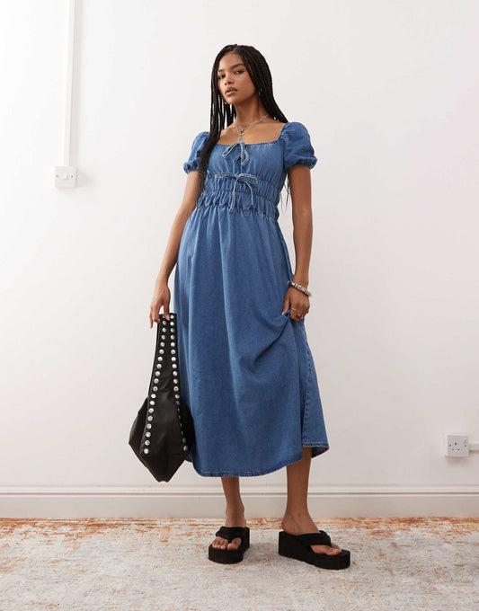 Chambray Denim Midi Dress With Shirring Details