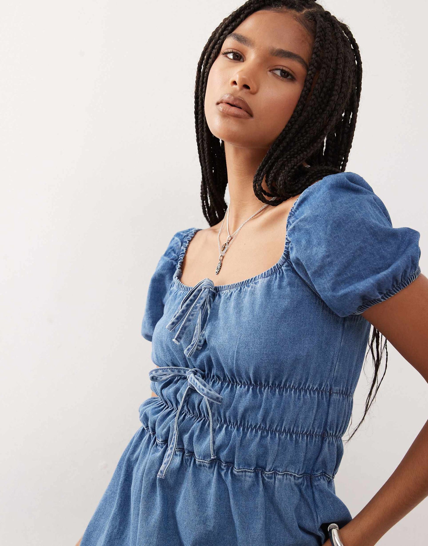 Chambray Denim Midi Dress With Shirring Details