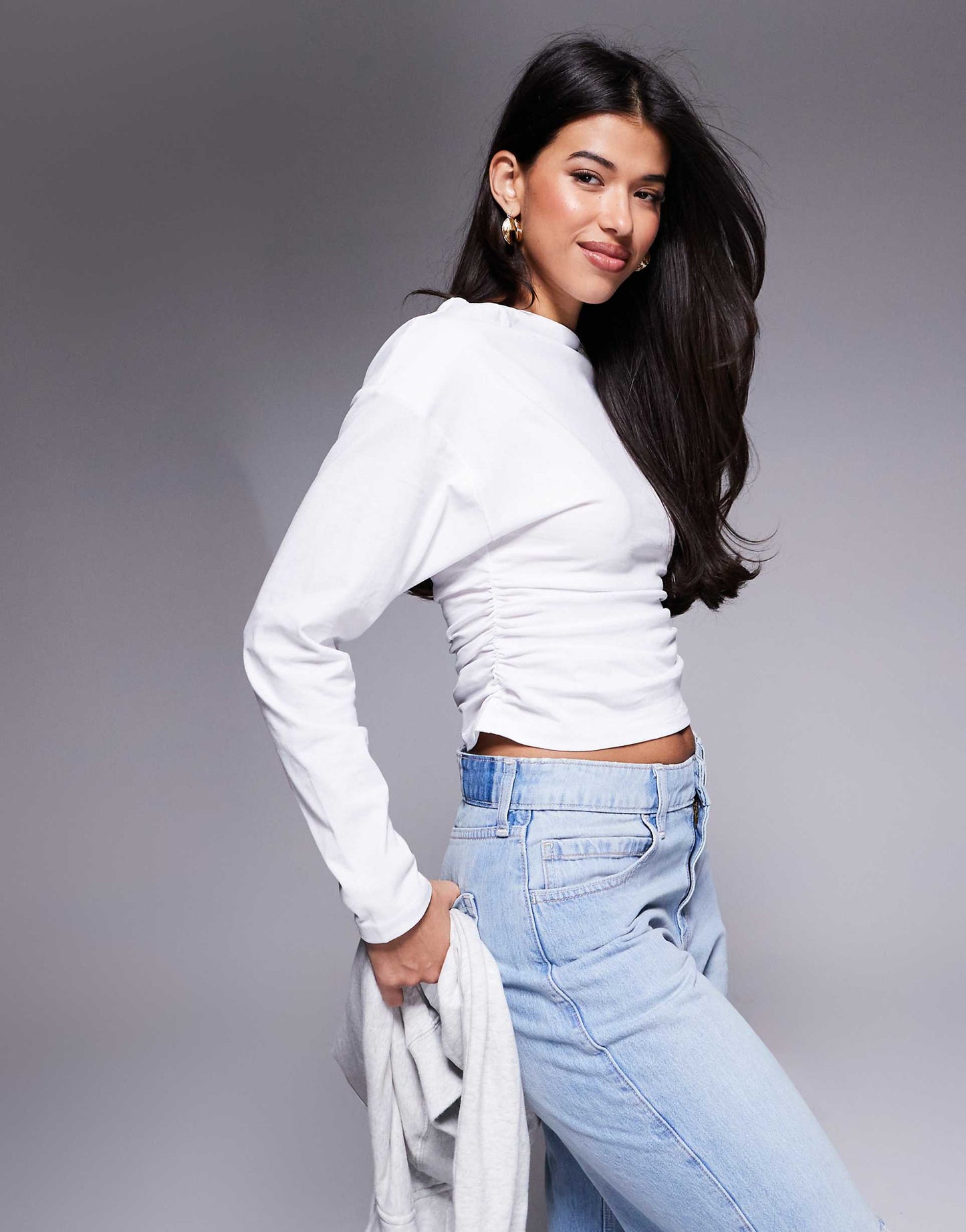 Off Shoulder Ruched Side Long Sleeve Top