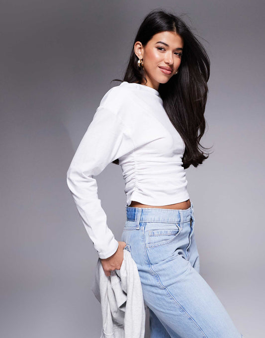 Off Shoulder Ruched Side Long Sleeve Top