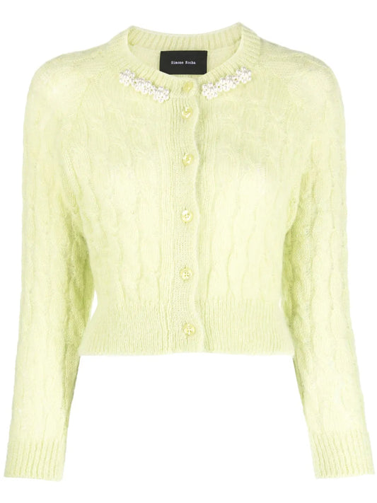 Faux Pearl-Detail Knitted Cardigan