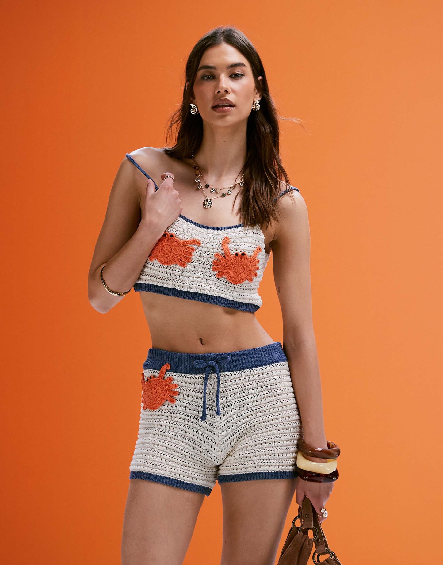 Mock Crochet Shorts With Applique Crab Co-Ord