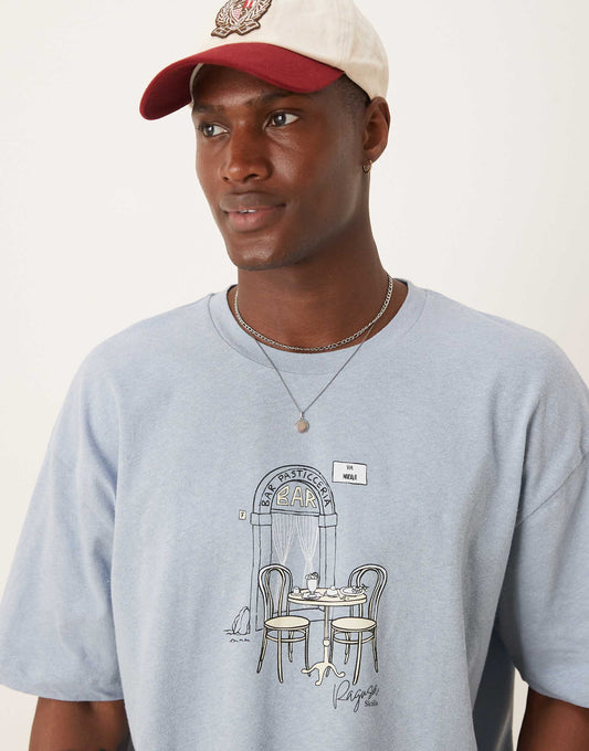 Boxy Oversized Linen Blend T-Shirt With Cafe Graphic