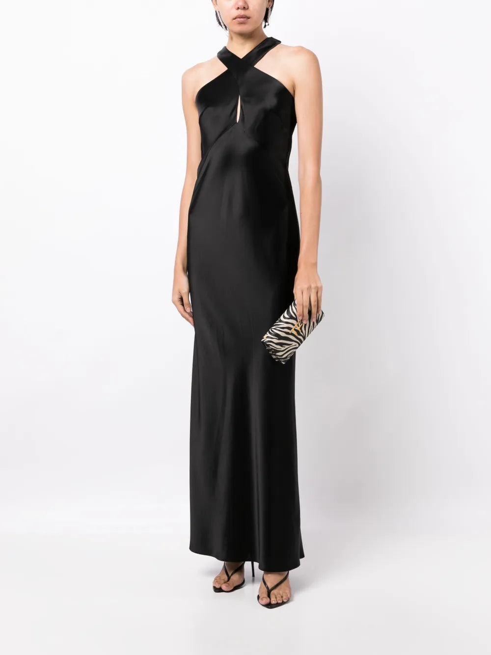 Crossover-Neck Satin Maxi Dress