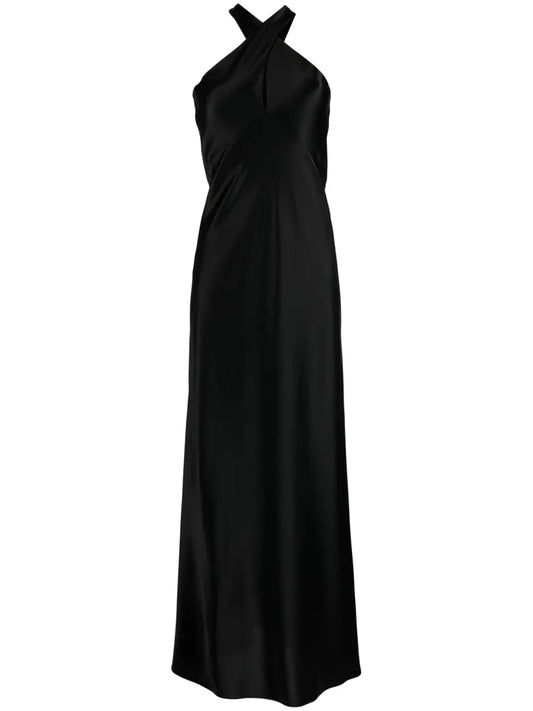 Crossover-Neck Satin Maxi Dress