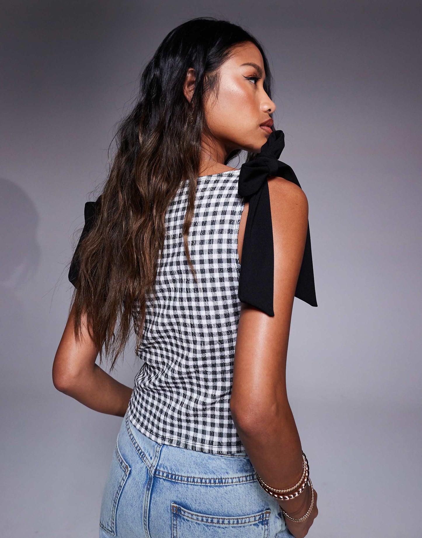 Textured Black Bow Shoulder Gingham Print