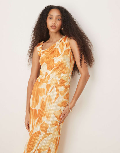 Plisse Fallen Shoulder Midi Dress