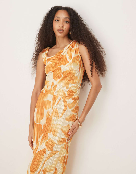 Plisse Fallen Shoulder Midi Dress