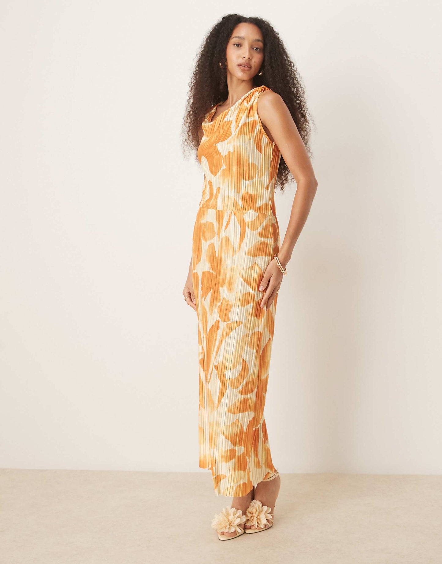 Plisse Fallen Shoulder Midi Dress