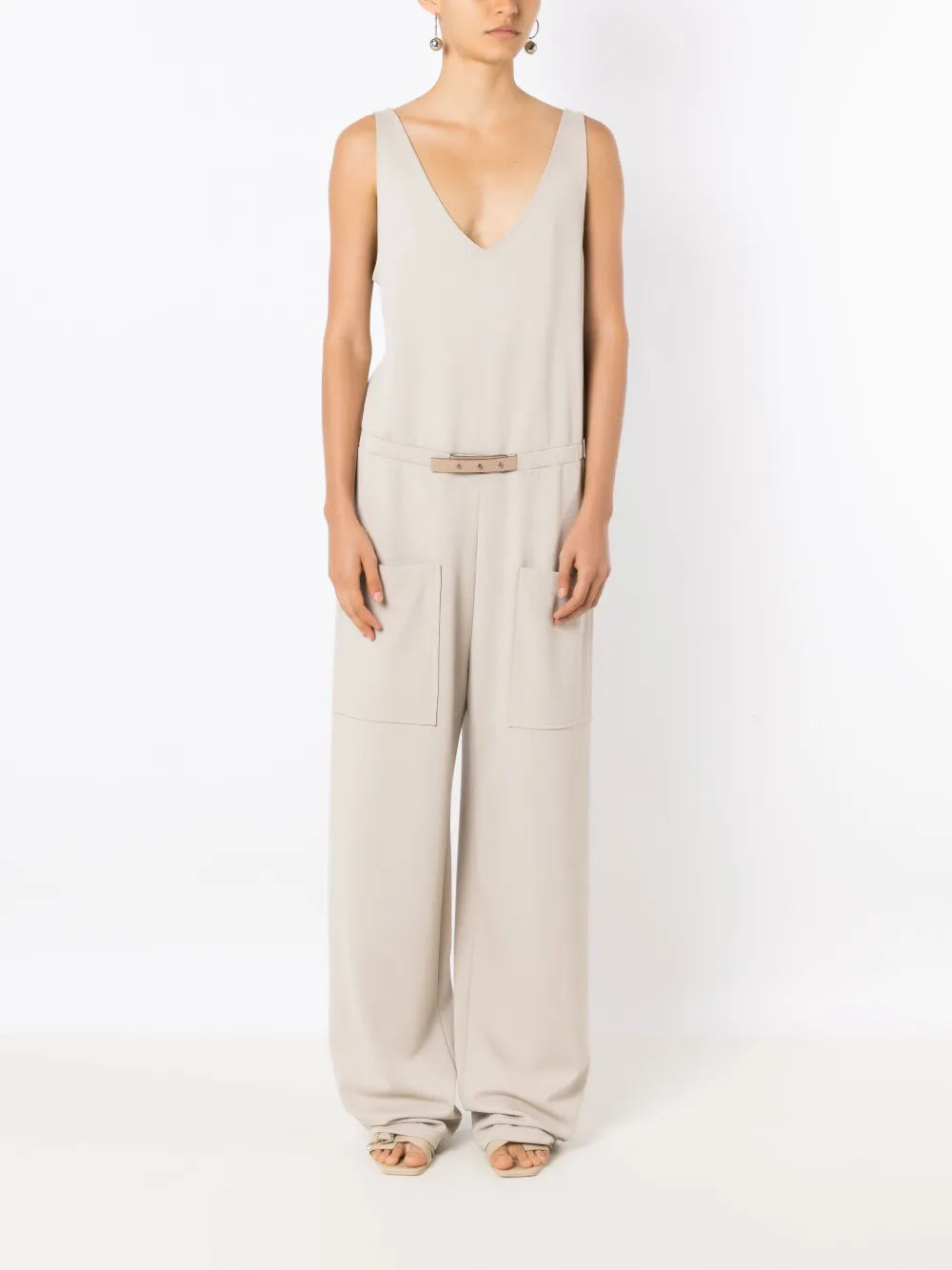 Belted-Waist Sleeveless Jumpsuit
