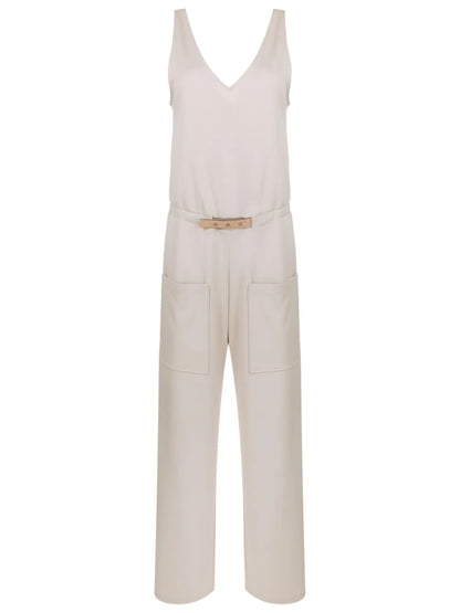 Belted-Waist Sleeveless Jumpsuit