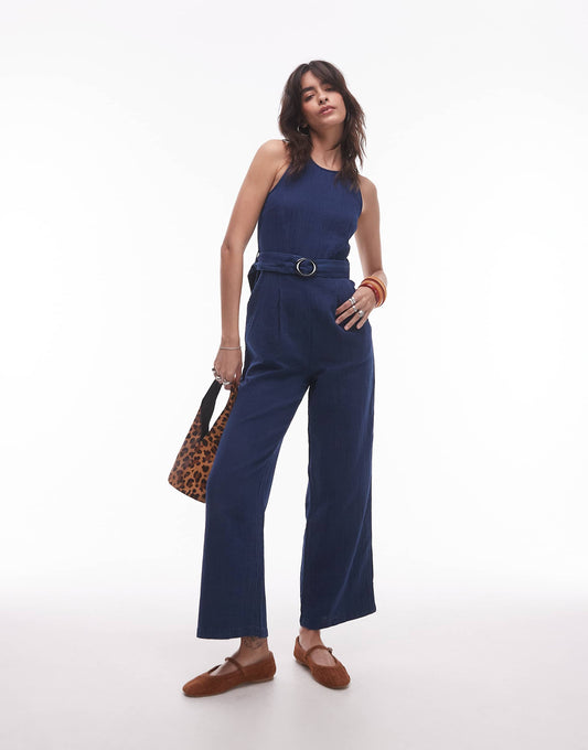 Straight Leg Denim Jumpsuit With Belt Detail