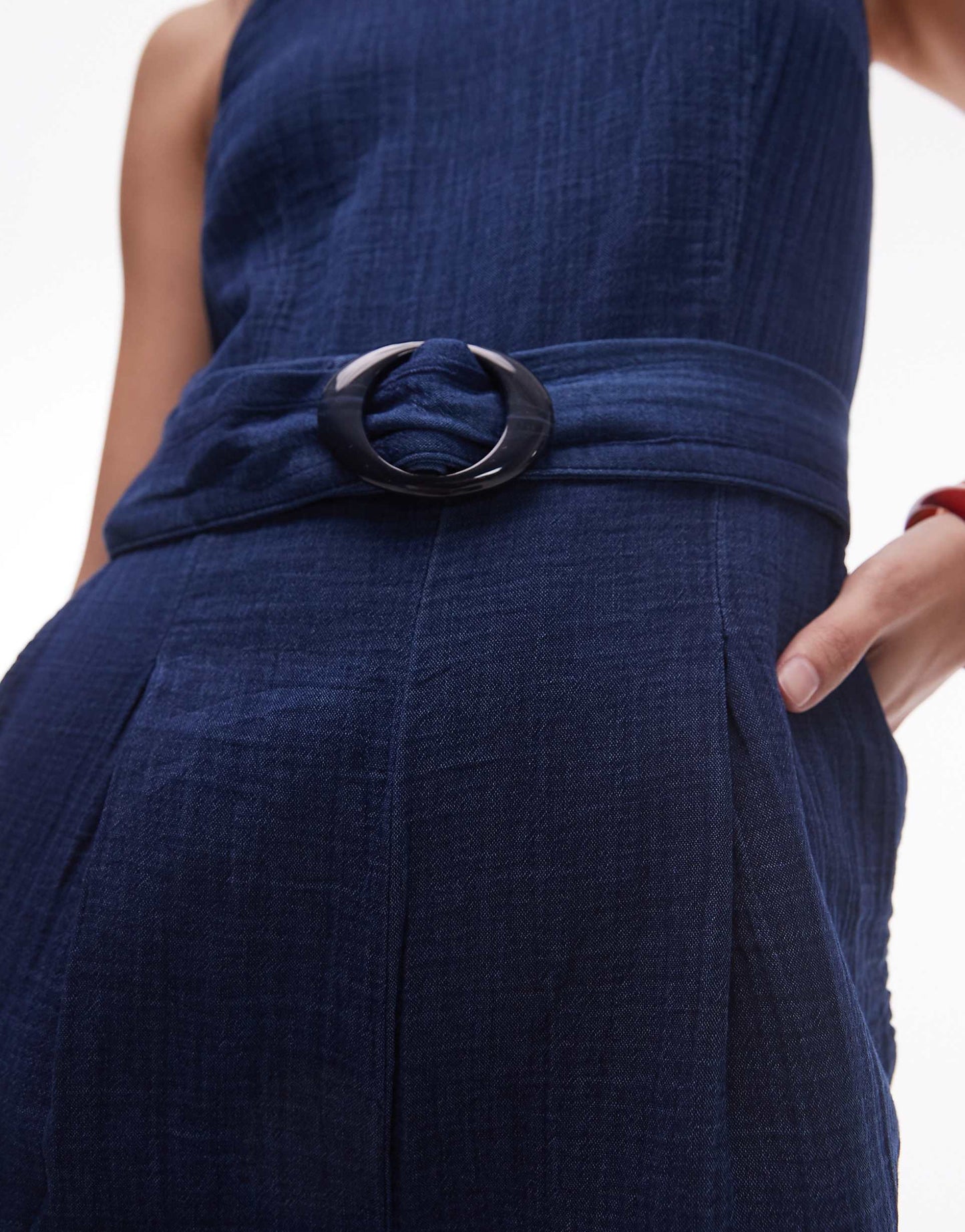 Straight Leg Denim Jumpsuit With Belt Detail