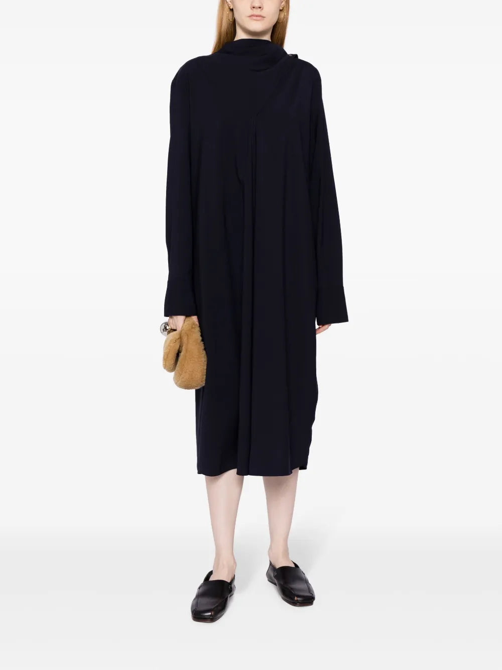 Scarf-Detail Long-Sleeve Midi Dress