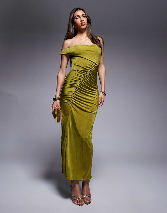 Fallen Shoulder With Ruching Midi Dress